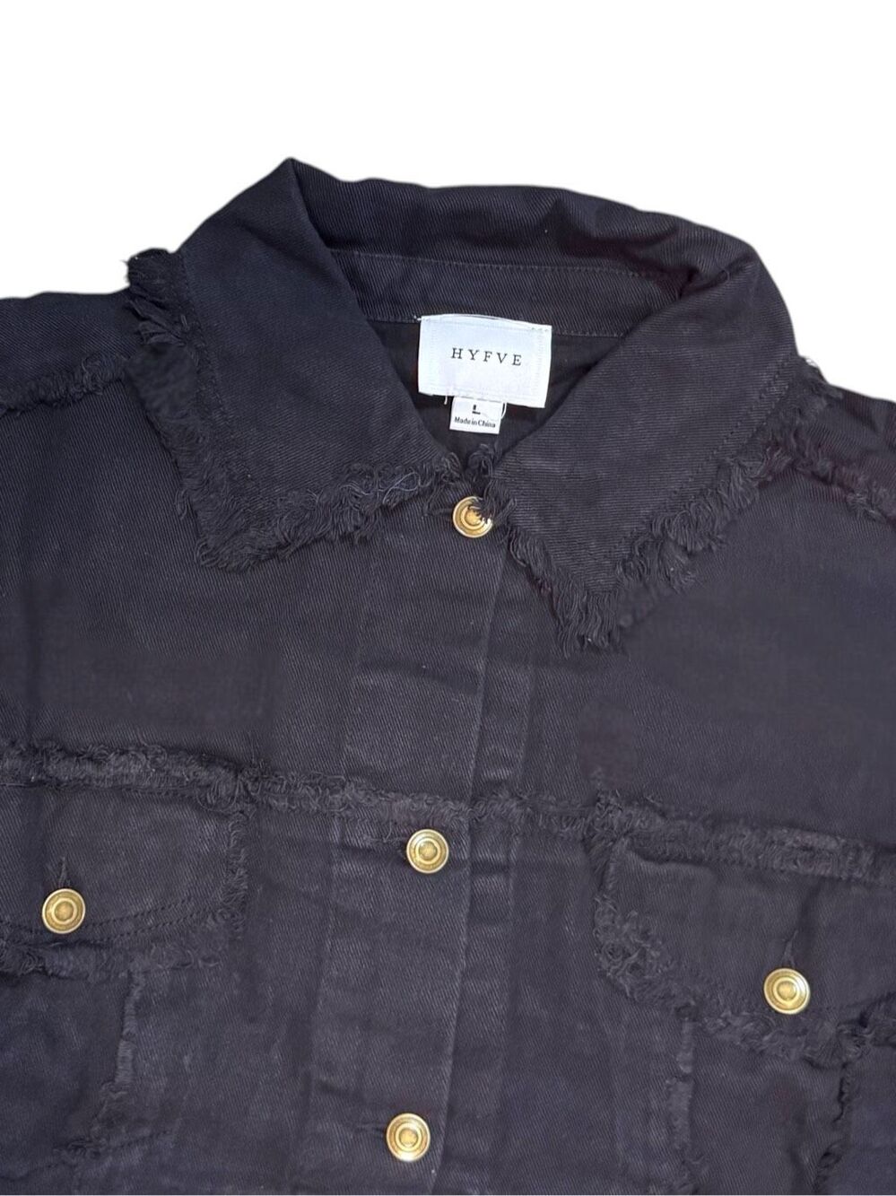 Black Oversized Raw Hem Denim Shacket Jacket Frayed Trucker Button Up HYFVE L - Picture 15 of 15